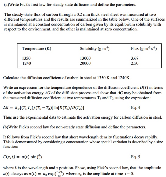 SOLVED: Write Fick's first law for steady-state diffusion and define ...