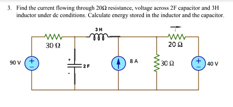 3. Find the current flowing through 20Ωresistance, voltage across 2F capacitor and 3H inductor under dc conditions. Calculate energy stored in the inductor and the capacitor.
