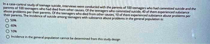 In a case-control study of teenage suicide, interviews were conducted with the parents of 100 teenagers who had committed suicide and the parents of 100 teenagers who had died from other causes. Of the teenagers who committed suicide, 40 of them experienced substance abuse problems per their parents. Of the teenagers who died from other causes, 10 of them experienced substance abuse problems per their parents. The incidence of suicide among teenagers with substance abuse problems in the general population is:
50%
40%
10%
Incidence in the general population cannot be determined from this study design