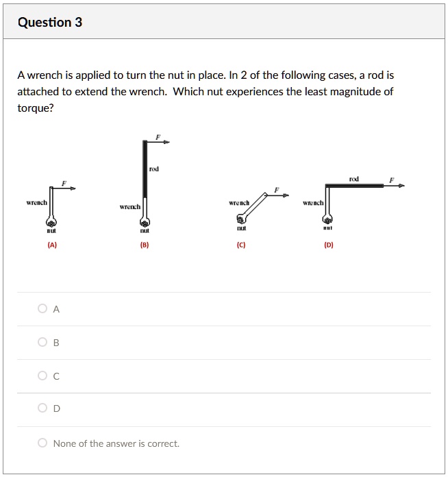 SOLVED A wrench is applied to turn the nut in place. In two of the