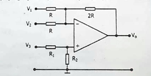 question 2 the operational amplifier used in figure 2 is ideal a calculate vo in terms of resistors and voltages b when v1 v2 v3 what should be the ratio of r2 r1 to ensure vo 0 v1 r 2r v2 23245