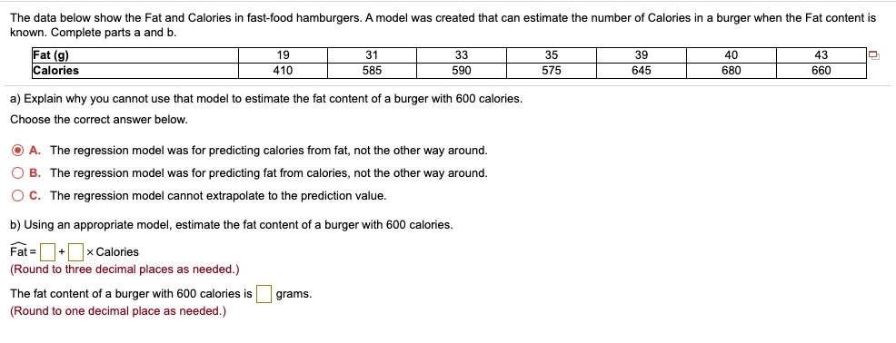 Solved: The Data Below Show The Fat And Calories In Fast-food 