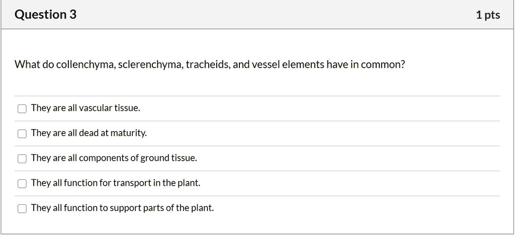 SOLVED: Question 3 1 pts What do collenchyma, sclerenchyma, tracheids ...