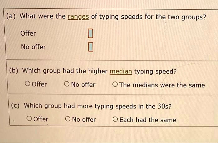 (a) What were the ranges of typing speeds for the two groups?

Offer
No offer

(b) Which group had the higher median typing speed?
Offer No offer The medians were the same

(c) Which group had more typing speeds in the 30s?
Offer No offer Each had the same