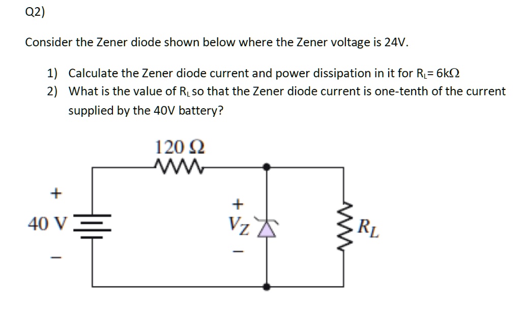 SOLVED Consider the Zener diode shown below, where the Zener voltage is 24V. 1) Calculate the