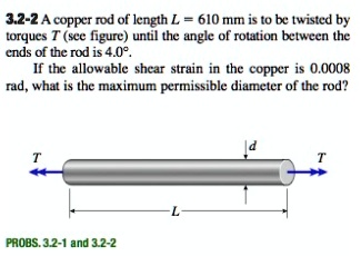 3.2-2 A copper rod of length L = 610 mm is to be twisted by torques T ...