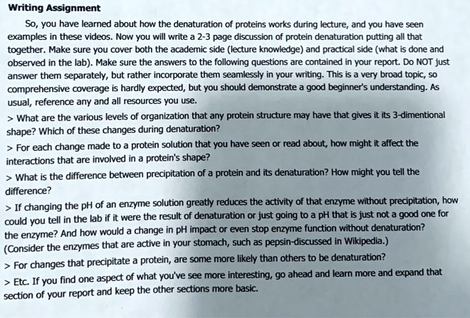 Writing Assignment

So, you have learned about how the denaturation of proteins works during lecture, and you have seen examples in these videos. Now you will write a 2-3 page discussion of protein denaturation putting all that together. Make sure you cover both the academic side (lecture knowledge) and practical side (what is done and observed in the lab). Make sure the answers to the following questions are contained in your report. Do NOT just answer them separately, but rather incorporate them seamlessly in your writing. This is a very broad topic, so comprehensive coverage is hardly expected, but you should demonstrate a good beginner's understanding. As usual, reference any and all resources you use.

> What are the various levels of organization that any protein structure may have that gives it its 3-dimentional shape? Which of these changes during denaturation?

> For each change made to a protein solution that you have seen or read about, how might it affect the interactions that are involved in a protein's shape?

> What is the difference between precipitation of a protein and its denaturation? How might you tell the difference?

> If changing the pH of an enzyme solution greatly reduces the activity of that enzyme without precipitation, how could you tell in the lab if it were the result of denaturation or just going to a pH that is just not a good one for the enzyme? And how would a change in pH impact or even stop enzyme function without denaturation? (Consider the enzymes that are active in your stomach, such as pepsin-discussed in Wikipedia.)

> For changes that precipitate a protein, are some more likely than others to be denaturation?

> Etc. If you find one aspect of what you've see more interesting, go ahead and learn more and expand that section of your report and keep the other sections more basic.