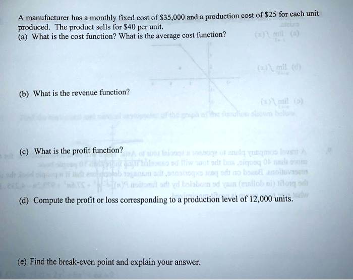 A manufacturer has a monthly fixed cost of 35,000 and a production cost of25 for each unit produced. The product sells for 40 per unit.
(a) What is the cost function? What is the average cost function?
(b) What is the revenue function?
(c) What is the profit function?
(d) Compute the profit or loss corresponding to a production level of 12,000 units.
(e) Find the break-even point and explain your answer.