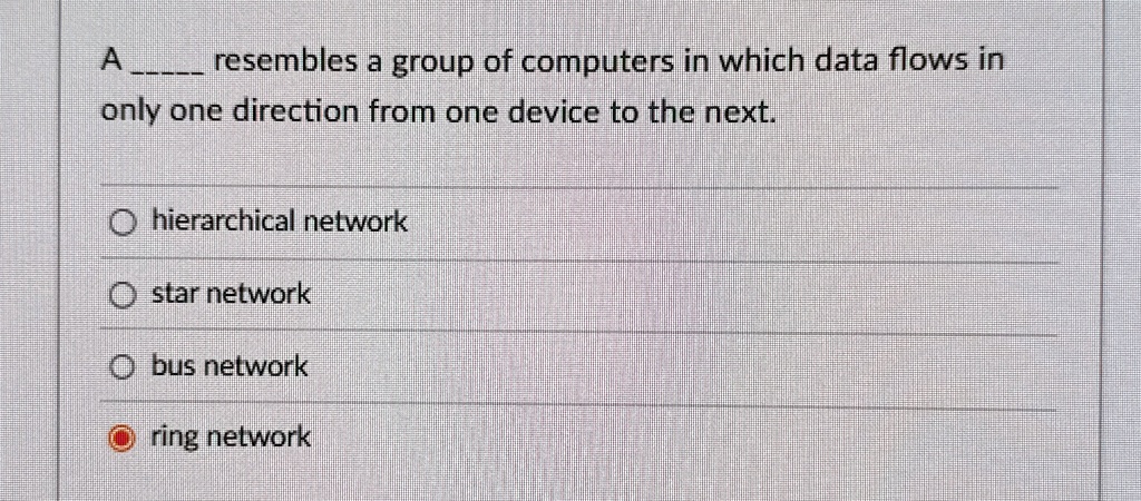 a  resembles a group of computers in which data flows in only one direction from one device to the next hierarchical network star network bus network ring network 34473