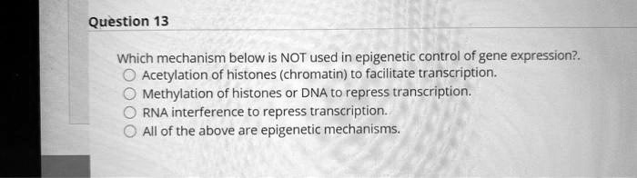 Which mechanism below is NOT used in epigenetic control of gene expression?.
Acetylation of histones (chromatin) to facilitate transcription.
Methylation of histones or DNA to repress transcription.
RNA interference to repress transcription.
All of the above are epigenetic mechanisms.