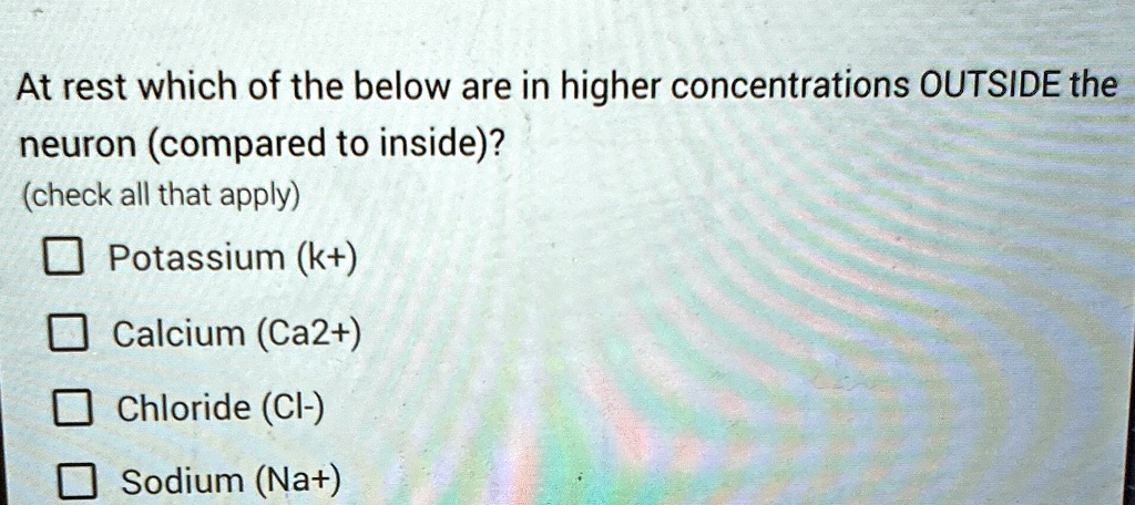 At rest which of the below are in higher concentrations OUTSIDE the
neuron (compared to inside)?
(check all that apply)
Potassium (k+)
Calcium (Ca2+)
Chloride (Cl-)
Sodium (Na+)