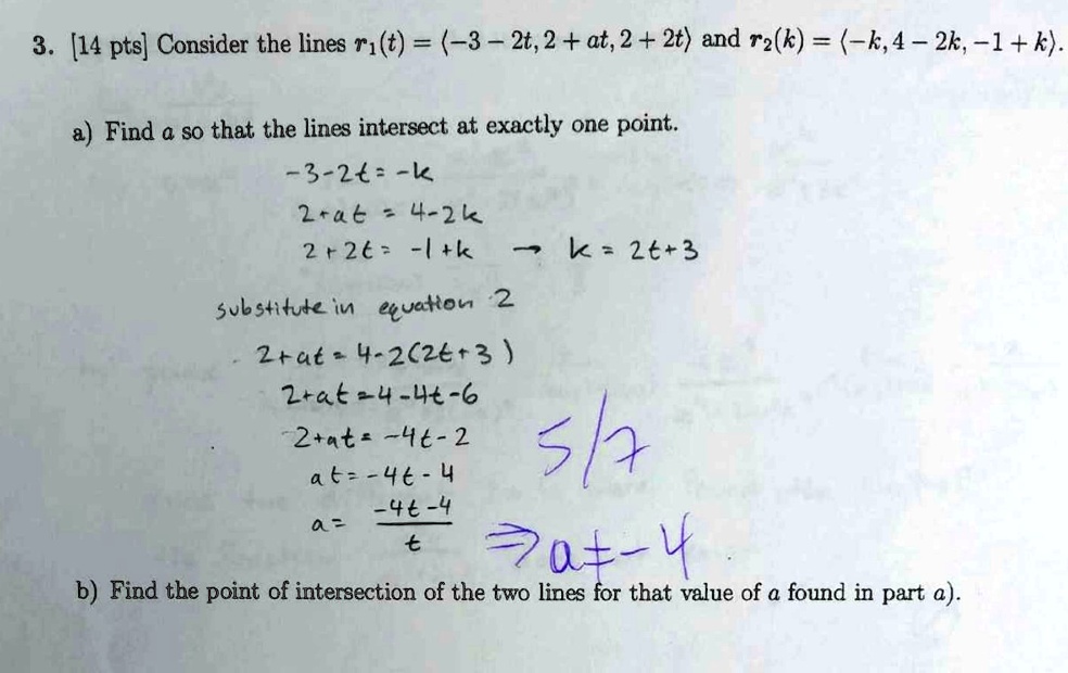 Solved 3 14 Pts Consider The Lines R1 T 3 2t 2 At 2 2t And Re K K 4 2k L K Find A So That The Lines Intersect At Exactly One Point 3 2t K 2 U