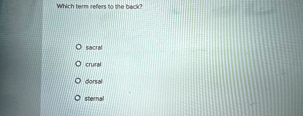 Which term refers to the back?

? sacral
? crural
? dorsal
? sternal