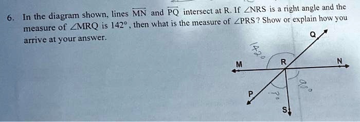 6. In the diagram shown, lines MN and PQ intersect at R. If ∠NRS is a right angle and the measure of ∠MRQ is 142°, then what is the measure of ∠PRS? Show or explain how you arrive at your answer.