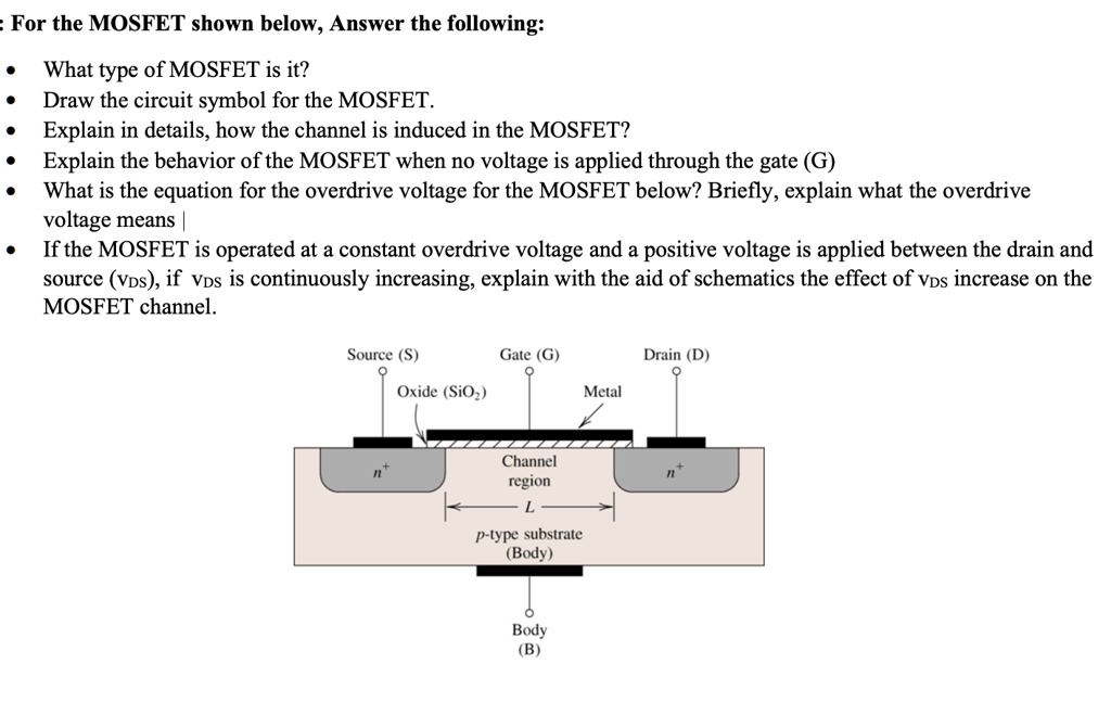 Overdrive Symb For the MOSFET shown below, Answer the following: • What type of MOSFET ...