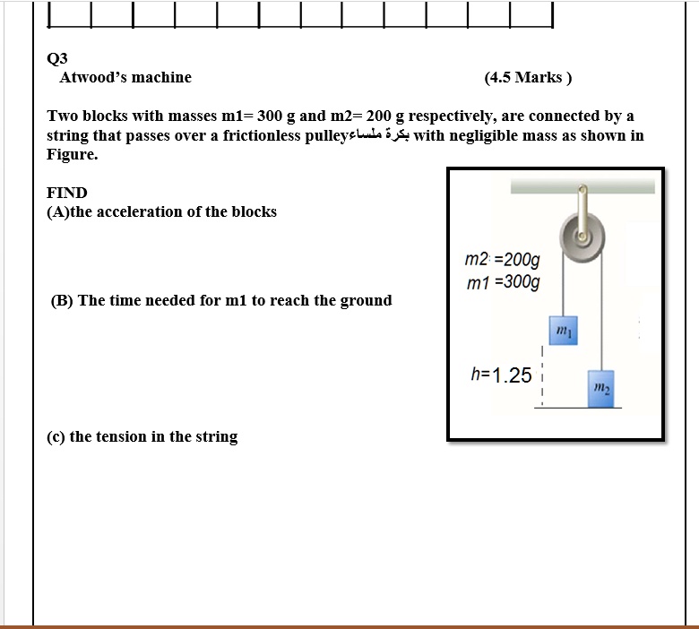 SOLVED: Q3: Atwood's Machine (45 Marks) Two Blocks With Masses M1 = 300 ...