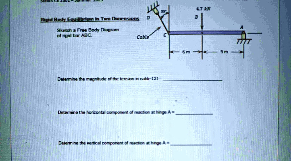 rigid body equilibrium in two dimensions sketch a free body diagram of rigid bar abc cable 47 kn b d c 6 m 9 m a determine the magnitude of the tension in cable cd determine the horizontal c 90209