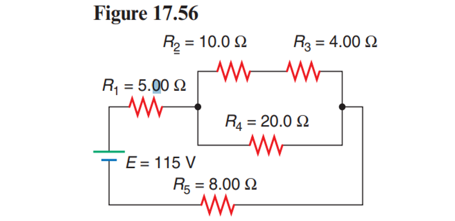 Figure 17.56
R1 = 5.00 ?
R2 = 10.0 ?
R3 = 4.00 ?
R4 = 20.0 ?
E = 115 V
R5 = 8.00 ?