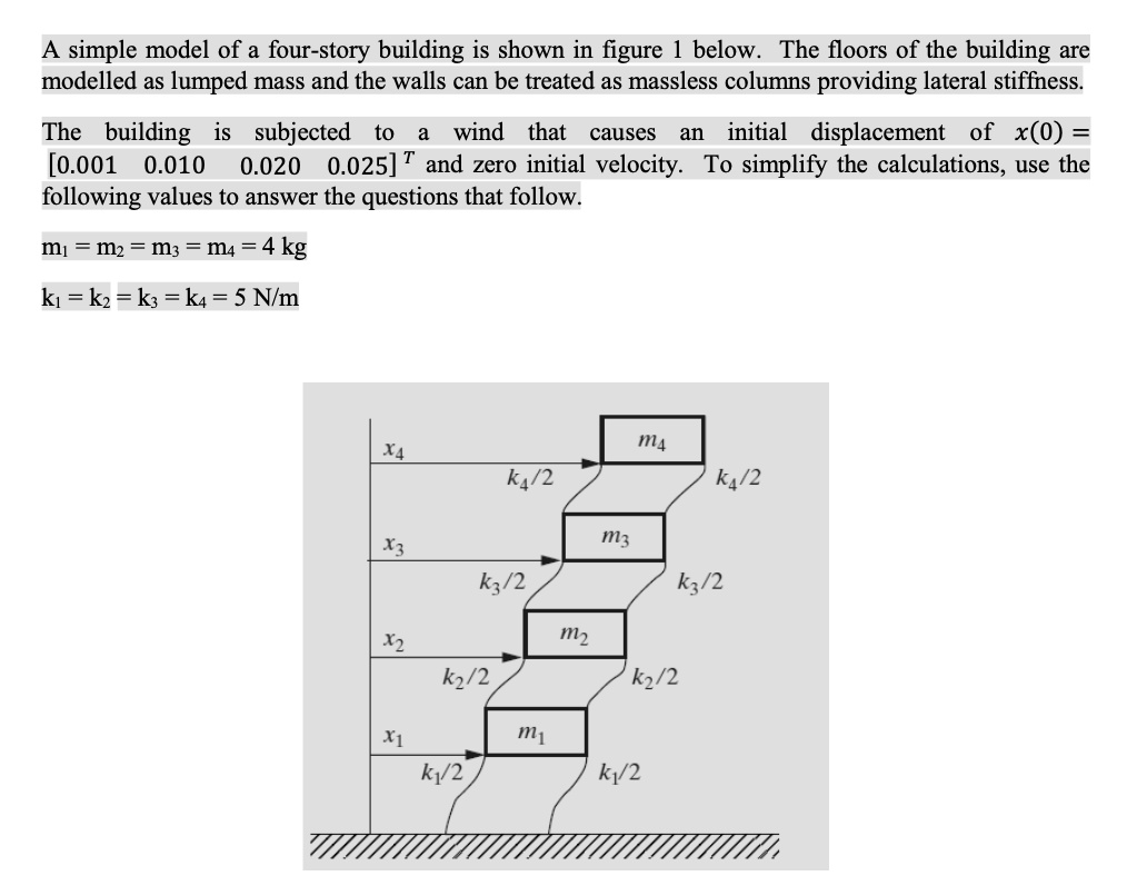 A simple model of a four-story building is shown in figure 1 below. The ...