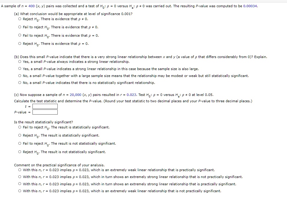 SOLVED: A sample of n = 400 (x, y) pairs was collected and a test of Ho ...