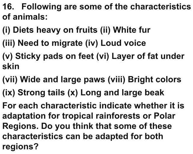 SOLVED: 'Please tell please please 16 Following are some of the  characteristics of animals: (i) Diets heavy on fruits (ii) White fur (iii)  Need to migrate (ivv) Loud voice (v) Sticky pads