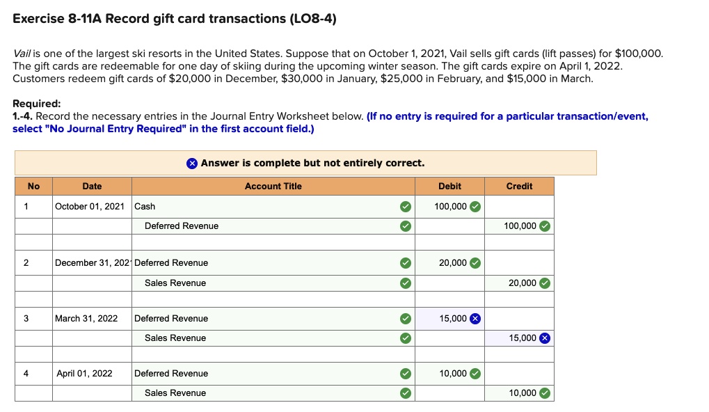 SOLVED Text Exercise 811A Record gift card transactions (LO84) Vail