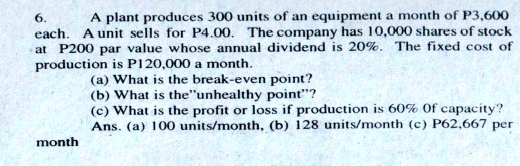 6. A plant produces 300 units of an equipment a month of P3,600
each. A unit sells for P4.00. The company has 10,000 shares of stock
at P200 par value whose annual dividend is 20%. The fixed cost of
production is P120,000 a month.
(a) What is the break-even point?
(b) What is the"unhealthy point"?
(c) What is the profit or loss if production is 60% Of capacity?
Ans. (a) 100 units/month, (b) 128 units/month (c) P62,667 per
month