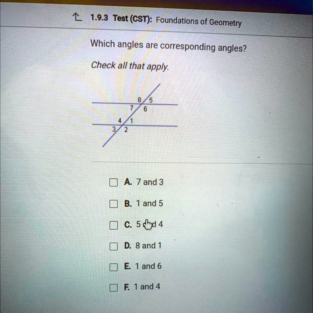 SOLVED: 'Which Angels Are Corresponding Angles? Check All That Apply 1. ...