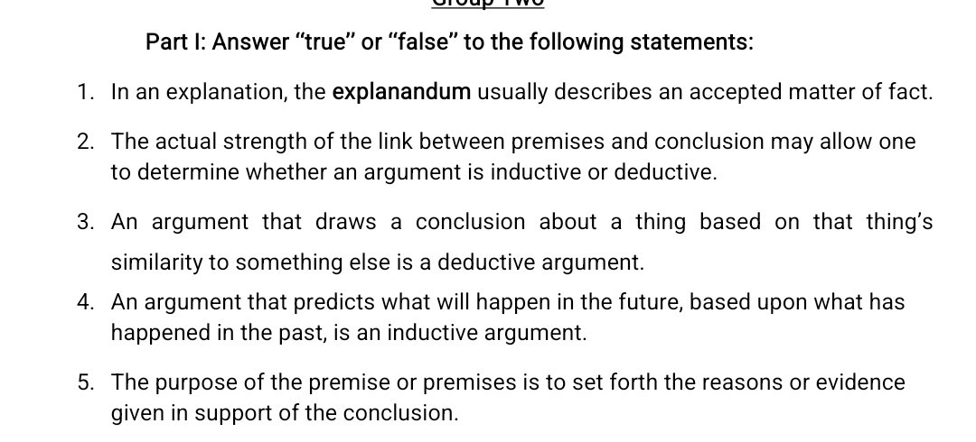 SOLVED: Part I: Answer "true" or "false" to the following statements: 1 ...