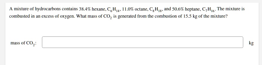 A mixture of hydrocarbons contains 38.4% hexane, CH4, 0% octane, C8H18 ...