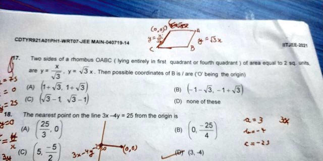 00p rz 0 0x cottasrtaotpht mrtotjee main 040719 14 ijel 702t tno ses 0f a mhombus oabc lying entirely frst quadrant or ourth quadrant 0 4rz dqual l 2 sq unh am y v3 then 13 possible coordina 78975