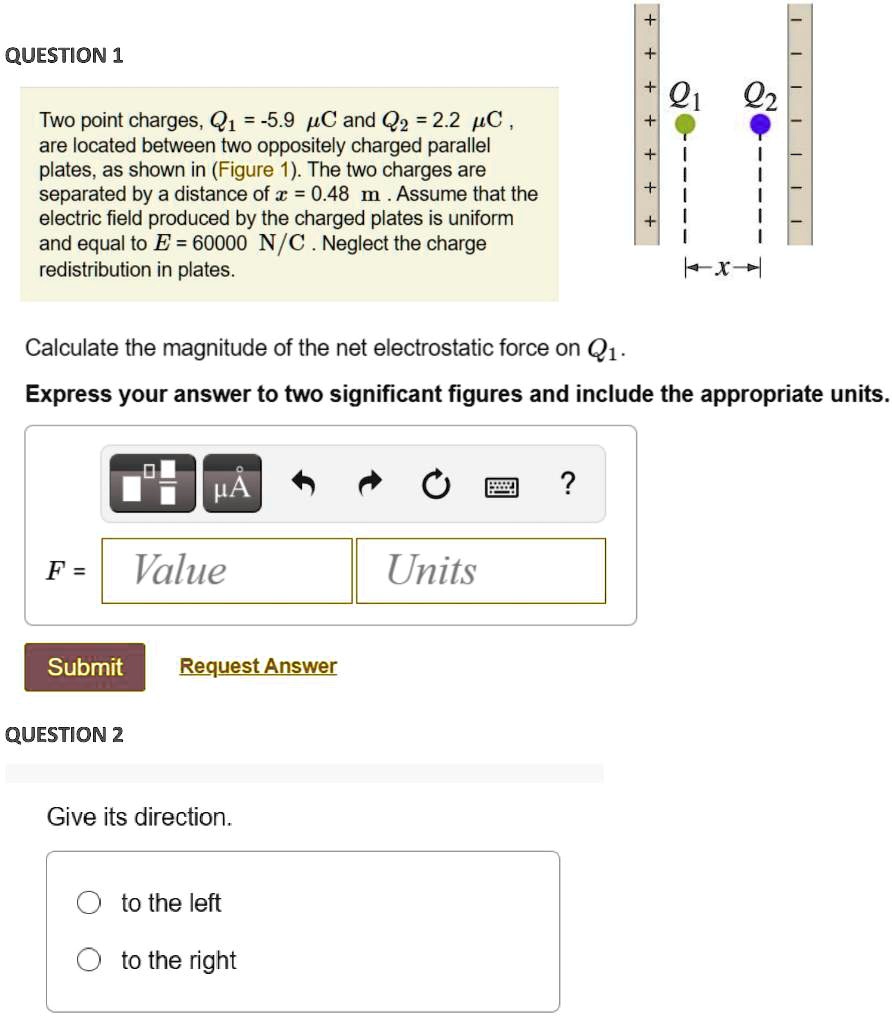 question 1 two point charges q1 59 pc and q2 22 pc are located between ...