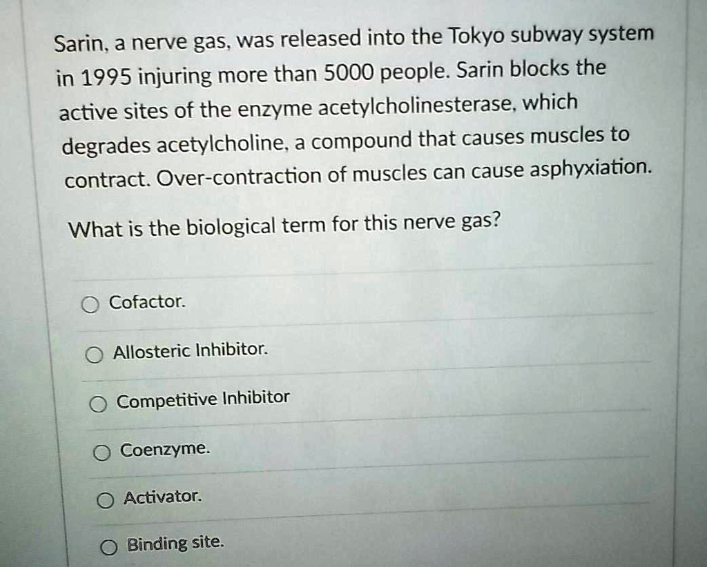 Sarin, a nerve gas, was released into the Tokyo subway system in 1995 injuring more than 5000 people. Sarin blocks the active sites of the enzyme acetylcholinesterase, which degrades acetylcholine, a compound that causes muscles to contract. Over-contraction of muscles can cause asphyxiation.

What is the biological term for this nerve gas?

Cofactor.
Allosteric Inhibitor.
Competitive Inhibitor
Coenzyme.
Activator.
Binding site.