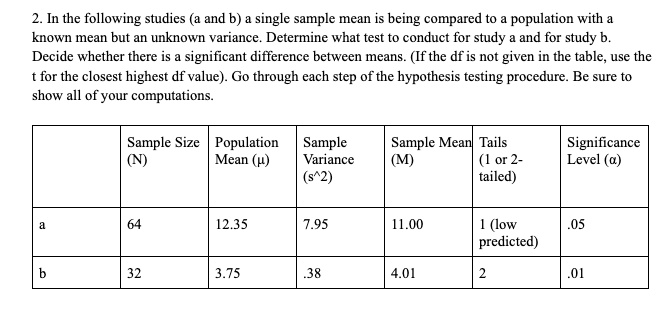 2. In the following studies (a and b) a single sample mean...