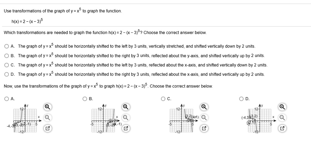 Solved Use Transformations Of The Graph Ofy X5 To Graph The Function H X 2 X 3 5 Which Transformations Are Needed T0 Graph The Function H X 2 X 3 52 Choose The Correct