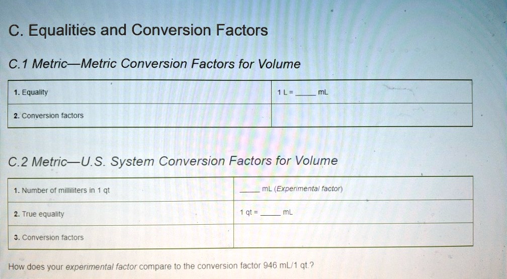 Conversion factors for different units.