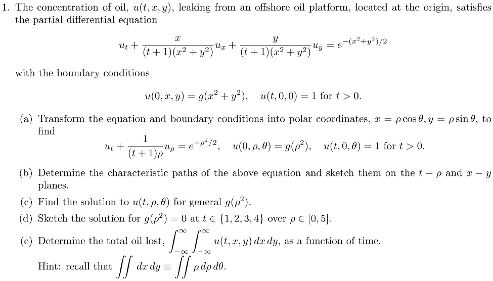 Solved The Concentration Of Oil U T A Y Leaking From Al Offshore Oil Platform Located At The Origin Satisfies The Partial Differential Equation 22 Y2 2 Uy A T 1 2 Y2 Ux T 1 22