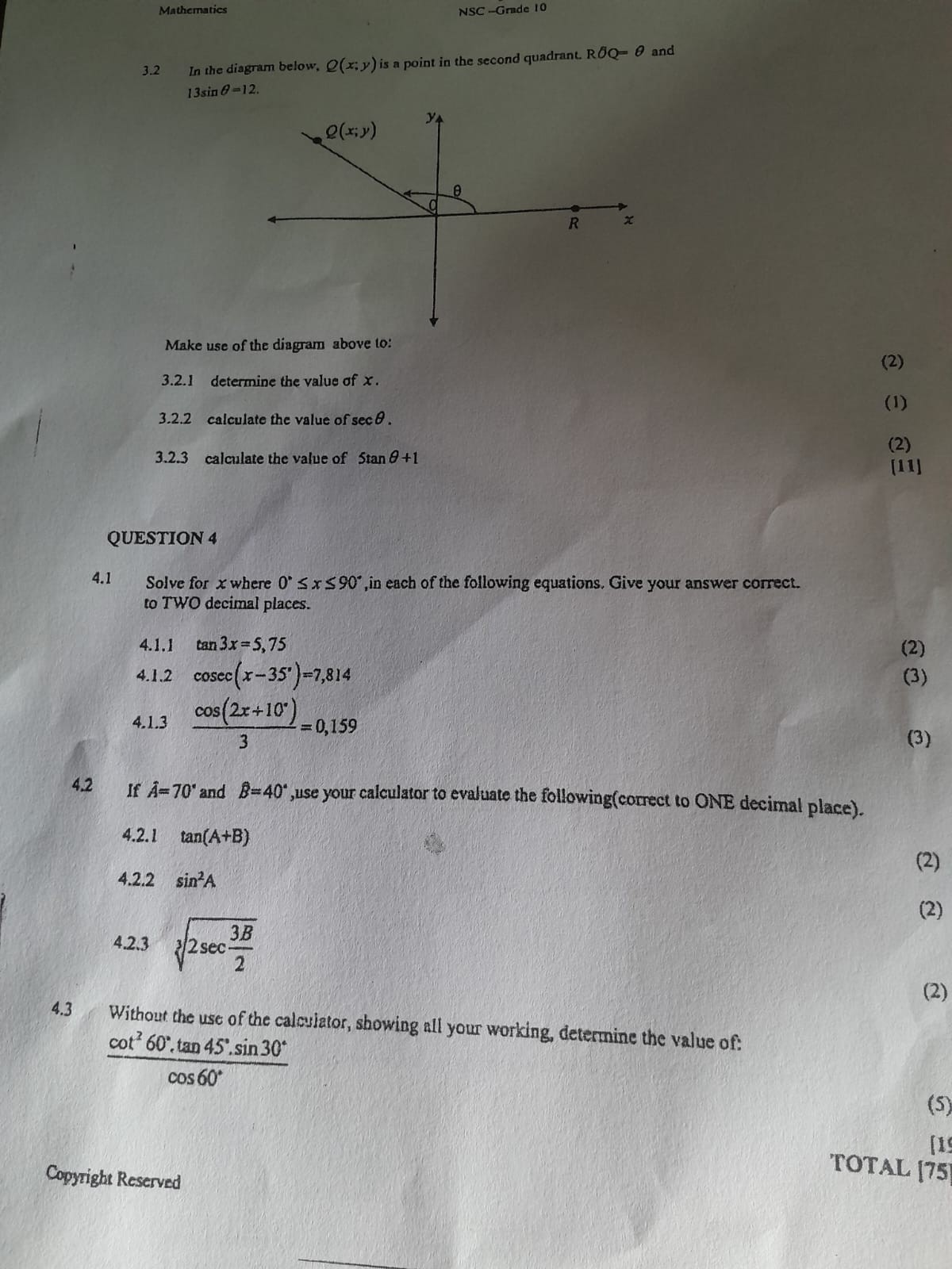 Mathematics NSC-Grade 10 3.2 In the diagram below, Q(x ; y) is a point ...