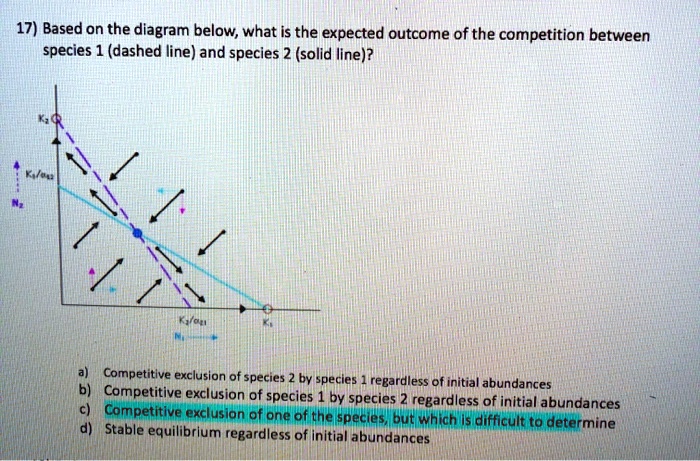 17) Based on the diagram below, what is the expected outcome of the competition between species 1 (dashed line) and species 2 (solid line)?

a) Competitive exclusion of species 2 by species 1 regardless of initial abundances
b) Competitive exclusion of species 1 by species 2 regardless of initial abundances
c) Competitive exclusion of one of the species, but which is difficult to determine
d) Stable equilibrium regardless of initial abundances