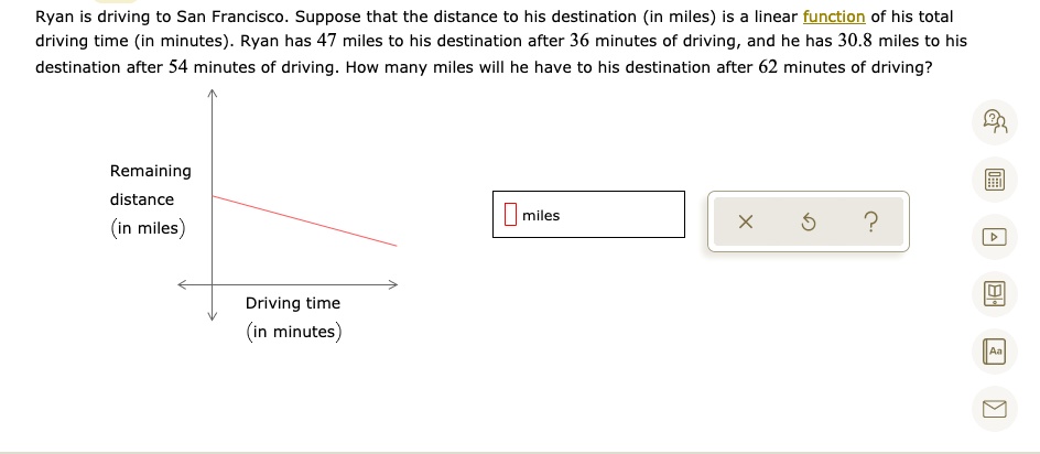 Ryan is driving to San Francisco. Suppose that the distance to his destination (in miles) is a linear function of his total driving time (in minutes). Ryan has 47 miles to his destination after 36 minutes of driving, and he has 30.8 miles to his destination after 54 minutes of driving. How many miles will he have to his destination after 62 minutes of driving?
Remaining distance (in miles)
miles
Driving time (in minutes)