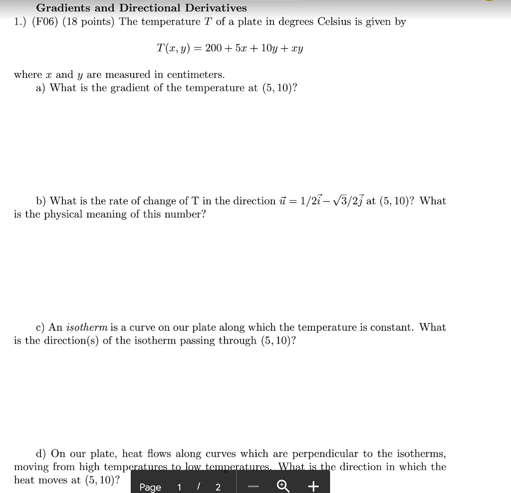 SOLVED Gradients And Directional Derivatives 1 F06 18 Points The Solved gradients and directional derivatives 1 f06 18 points the