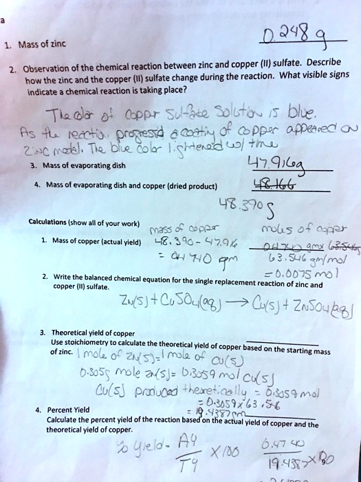 SOLVED 248 Mass of zinc Observation of the chemical reaction between