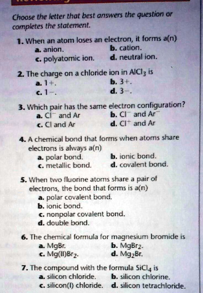 SOLVED Need help on atoms and molecules. Choose the letter that best
