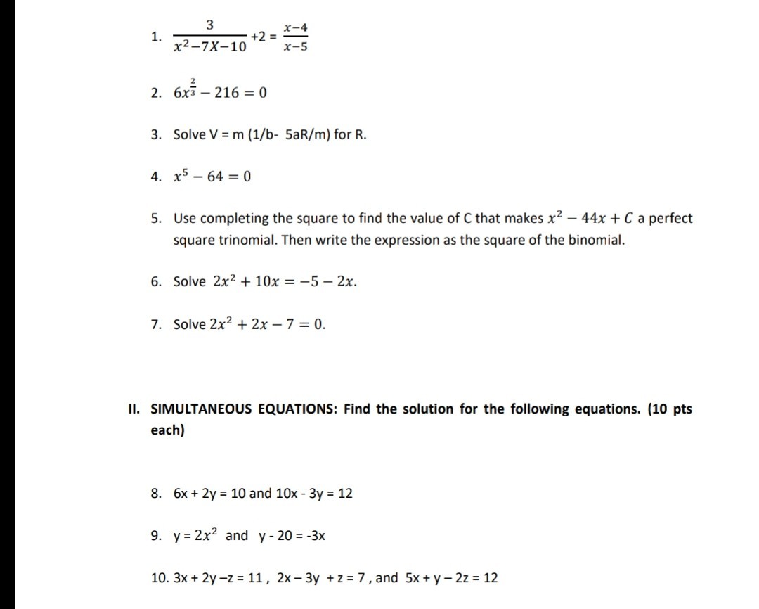 Solved 1 3 X 2 7 X 10 2 X 4 X 5 2 6 X 2 3 216 0 3 Solve V M 1 B 5 A R M For R 4 X 5 64 0 5 Use Completing The Square To Find The Value Of C That