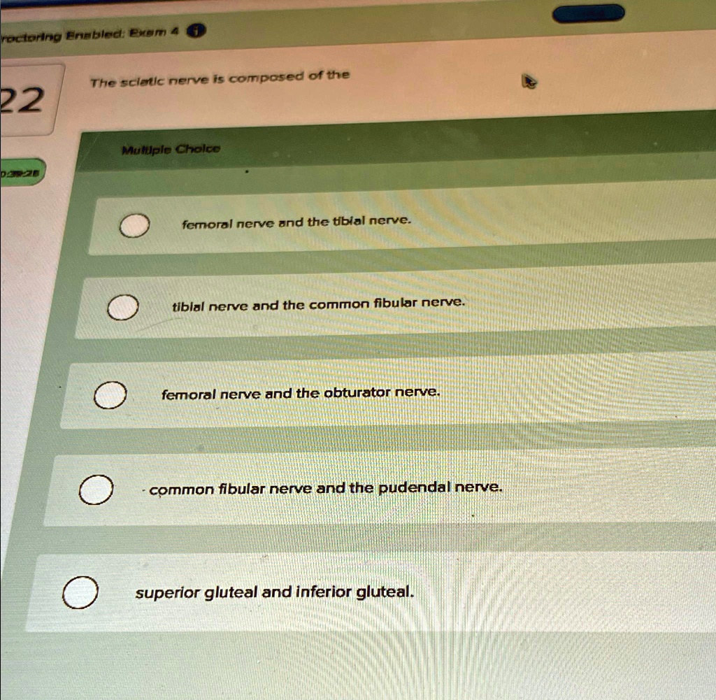 SOLVED: Monitoring Enabled: Exam 4.9 The sciatic nerve is composed of ...