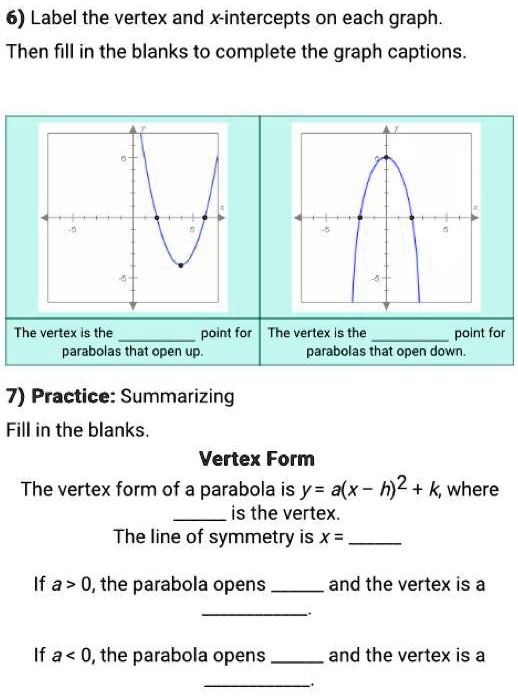 Solved Practice 7 Fill In The Blanks The Vertex Form Of A Parabola Is Y A X H 2 K Where Is The Vertex The Line Of Symmetry Is X If A 0 The Parabola Opens And The