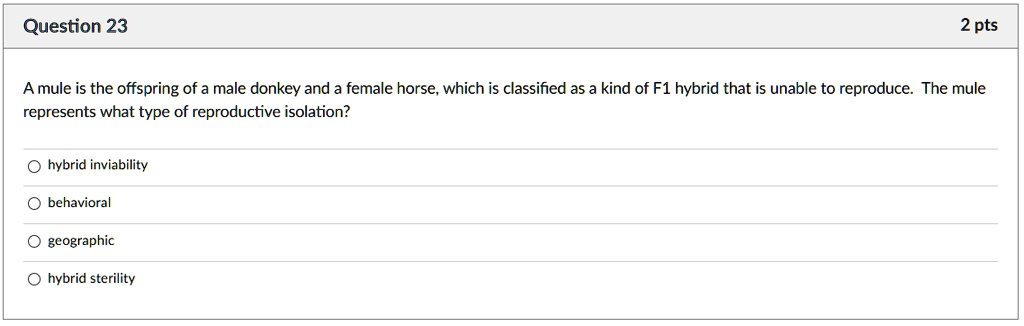 A mule is the offspring of a male donkey and a female horse, which is classified as a kind of F1 hybrid that is unable to reproduce. The mule represents what type of reproductive isolation?
hybrid inviability
behavioral
geographic
hybrid sterility