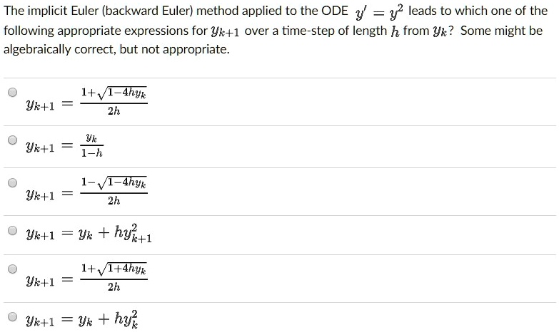 The implicit Euler (backward Euler) method applied to the ODE y' = y^2 ...
