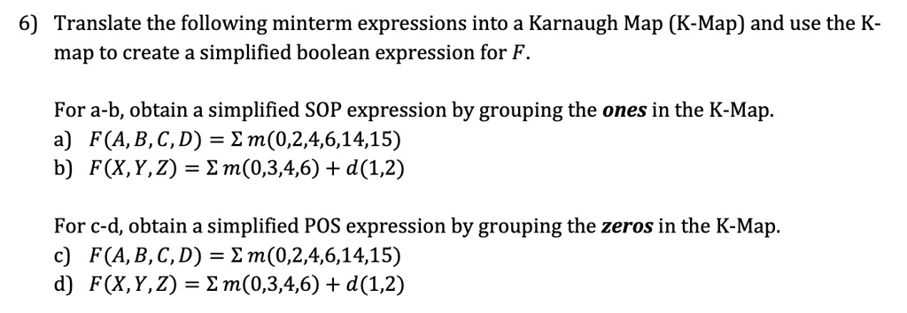 SOLVED: 6) Translate the following minterm expressions into a Karnaugh ...