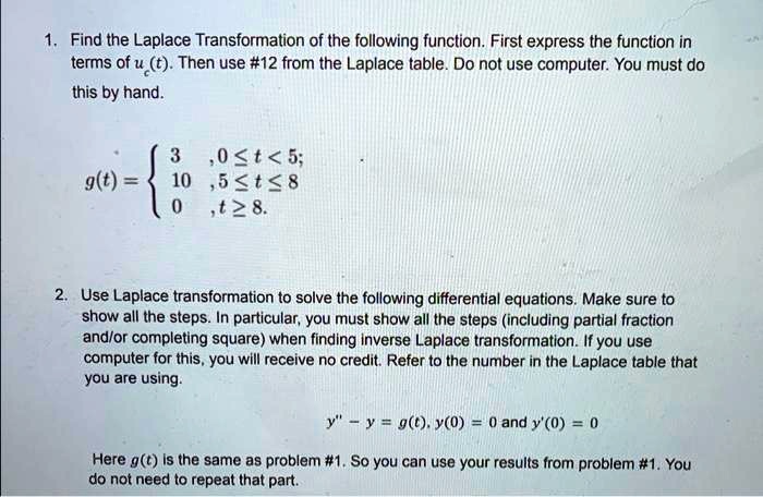 1. Find the Laplace Transformation of the following function. First express the function in
terms of uc(t). Then use #12 from the Laplace table. Do not use computer. You must do
this by hand.
g(t) = egincases 3,     0 le t < 5;  10,     5 le t le 8  0,     t ge 8. endcases
2. Use Laplace transformation to solve the following differential equations. Make sure to
show all the steps. In particular, you must show all the steps (including partial fraction
and/or completing square) when finding inverse Laplace transformation. If you use
computer for this, you will receive no credit. Refer to the number in the Laplace table that
you are using.
y” - y = g(t), y(0) = 0 and y'(0) = 0
Here g(t) is the same as problem #1. So you can use your results from problem #1. You
do not need to repeat that part.